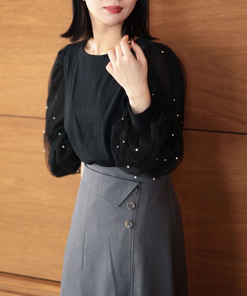 Ruwan yu（ルワンユー）の「パールチュールスリーブトップス【大きいサイズ対応】（シャツ/ブラウス・レディース・ブラック・L/LL/3L/4L）」の5枚目の写真