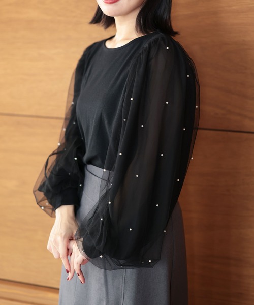 Ruwan yu（ルワンユー）の「パールチュールスリーブトップス【大きいサイズ対応】（シャツ/ブラウス・レディース・ブラック・L/LL/3L/4L）」の7枚目の写真