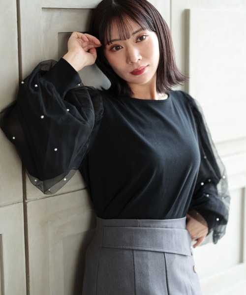 Ruwan yu（ルワンユー）の「パールチュールスリーブトップス【大きいサイズ対応】（シャツ/ブラウス・レディース・ブラック・L/LL/3L/4L）」の8枚目の写真