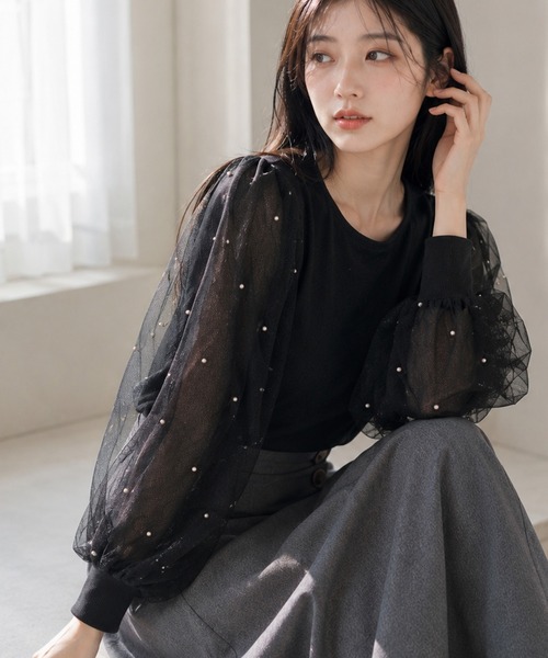 Ruwan yu（ルワンユー）の「パールチュールスリーブトップス【大きいサイズ対応】（シャツ/ブラウス・レディース・ブラック・L/LL/3L/4L）」の16枚目の写真