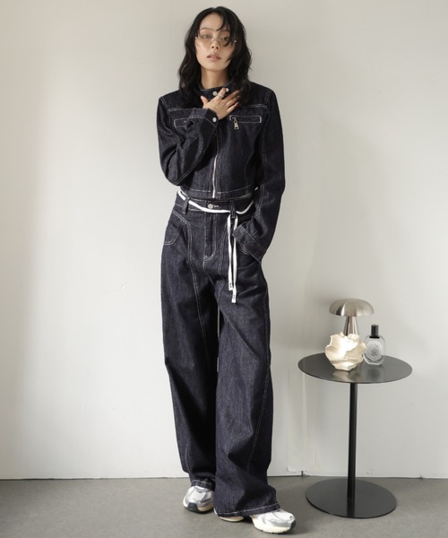 セール】【セットアップ】デニムライダースジャケット＆ワイドパンツ