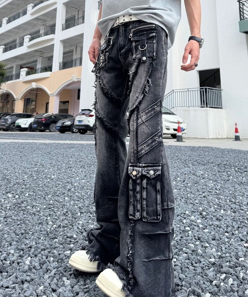 26年春夏新作】Y2K ウォッシュ加工 ダメージフレアデニムパンツ