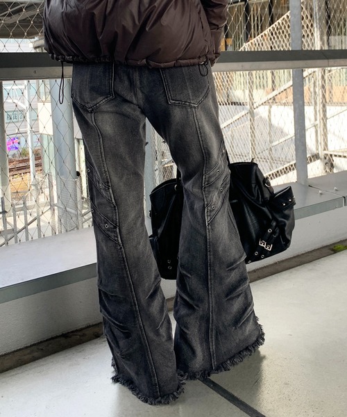 セール】【26年春夏新作】Y2K ウォッシュ加工 ダメージフレアデニム