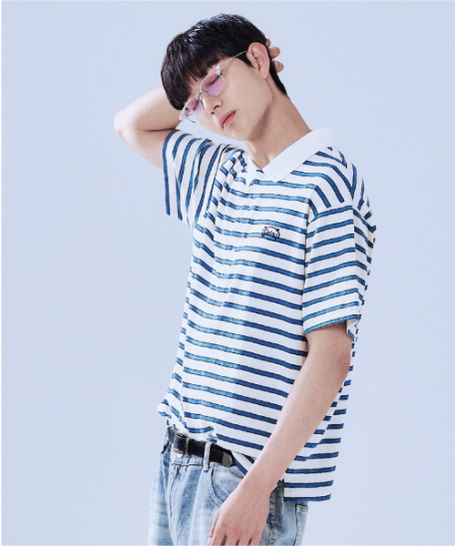 サークルスターロゴストライプポロTシャツ_クリーム