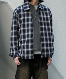 scattered rhinestone ombre check zip up shirt jacket/ラインストーン オンブレチェック ジップアップ シャツジャケット 短丈 シャツ/ハリントンジャケット