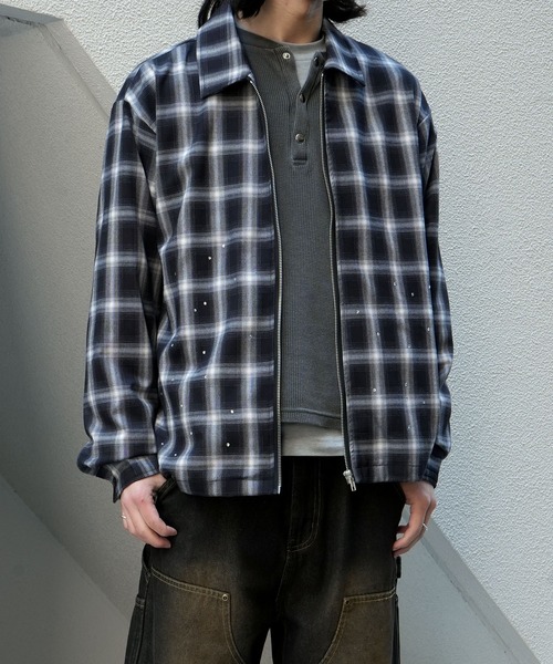 scattered rhinestone ombre check zip up shirt jacket/ライン