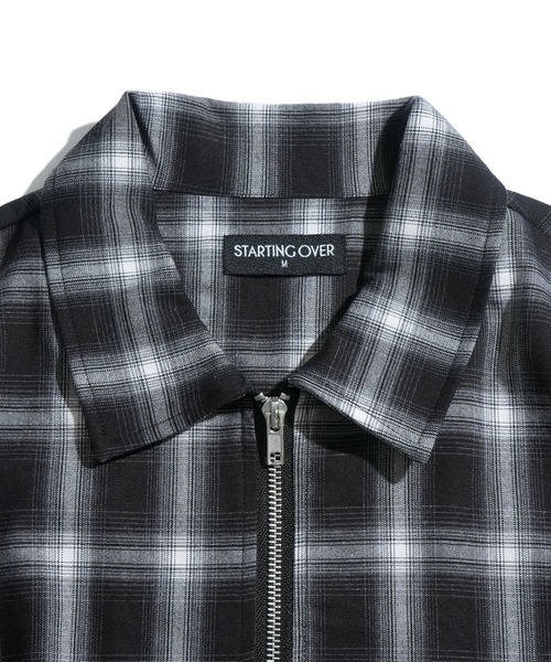scattered rhinestone ombre check zip up shirt jacket/ライン