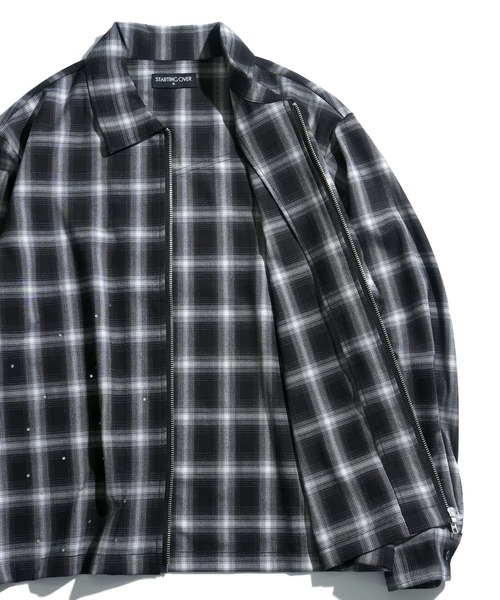 scattered rhinestone ombre check zip up shirt jacket/ライン