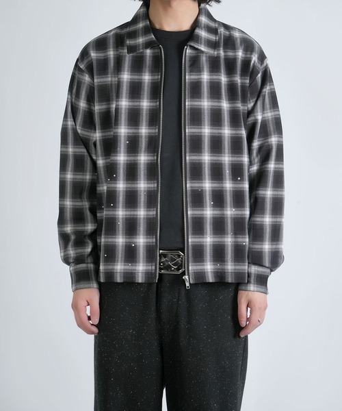 Starting Over(スターティングオーバー)の「scattered rhinestone ombre check zip up shirt jacket/ラインストーン オンブレチェック ジップアップ シャツジャケット 短丈 シャツ/ハリントンジャケット(シャツ/ブラウス・メンズ・ブラック・M/L)」の10枚目の写真