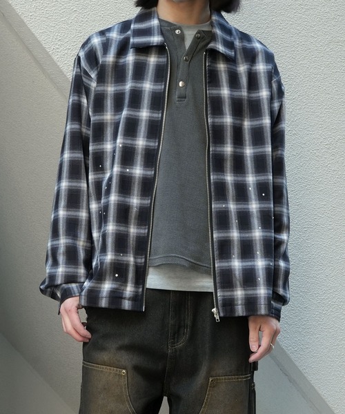 Starting Over(スターティングオーバー)の「scattered rhinestone ombre check zip up shirt jacket/ラインストーン オンブレチェック ジップアップ シャツジャケット 短丈 シャツ/ハリントンジャケット(シャツ/ブラウス・メンズ・ブラック・M/L)」の19枚目の写真