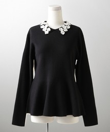 フラワーモチーフ 襟付き ニット トップス HUIT