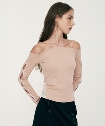 LIE MEQUE（リメーク）の「レースホルターオフショルダー ロングスリーブ ピンク（Tシャツ/カットソー）」