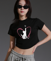 ウーマンフリキャットアシンメトリッククロップTシャツ_ブラック