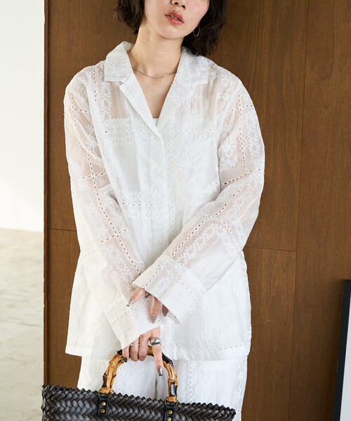 限定展開 パッチワーク風 総刺繍 シャツジャケット(セットアップ対応