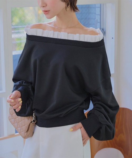 KOBE LETTUCE（コウベレタス）の「前後2wayフリルドッキングオフショルスウェット（スウェット・レディース・アイボリー/ブラック/グレー・M）」の6枚目の写真