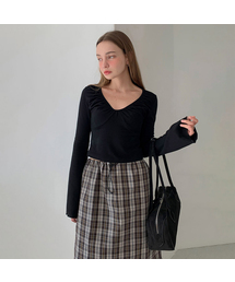 V Neck Shirring Bell Sleeve T-shirt (2colors)
