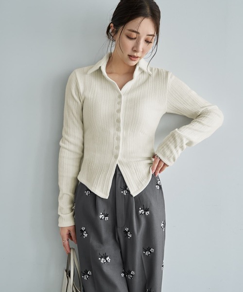 STYLE DELI(スタイルデリ)の「リブニットソー襟付きトップス(Tシャツ/カットソー・レディース・ネイビー/ブラック/アイボリー・FREE)」の2枚目の写真