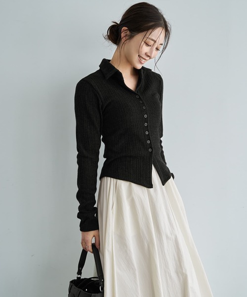 STYLE DELI(スタイルデリ)の「リブニットソー襟付きトップス(Tシャツ/カットソー・レディース・ネイビー/ブラック/アイボリー・FREE)」の17枚目の写真