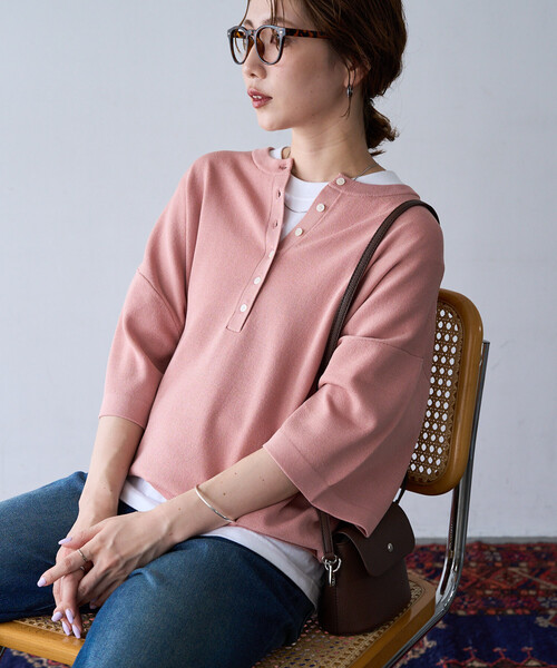セール】限定展開 <接触冷感>ヘンリー ボタン 半袖 ニット TEE（ニット