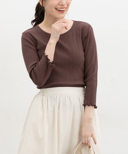 Honeys(ハニーズ)の「【UVカット】7分袖メロー使いテレコT(Tシャツ/カットソー・レディース・ピンク/ブラウン/ライトグリーン/グレイッシュベージュ/サックスブルー/ブラック/オフホワイト・L/LL/M/S)」の3枚目の写真