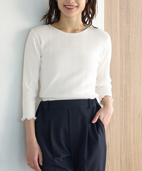 Honeys(ハニーズ)の「【UVカット】7分袖メロー使いテレコT(Tシャツ/カットソー・レディース・ピンク/ブラウン/ライトグリーン/グレイッシュベージュ/サックスブルー/ブラック/オフホワイト・L/LL/M/S)」の1枚目の写真