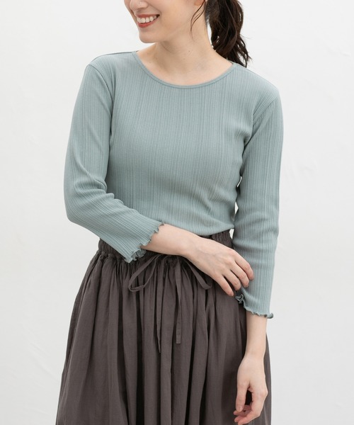 Honeys(ハニーズ)の「【UVカット】7分袖メロー使いテレコT(Tシャツ/カットソー・レディース・ピンク/ブラウン/ライトグリーン/グレイッシュベージュ/サックスブルー/ブラック/オフホワイト・L/LL/M/S)」の6枚目の写真