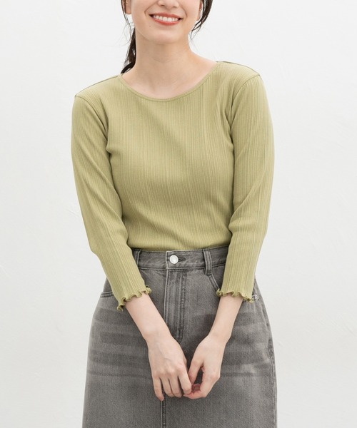 Honeys(ハニーズ)の「【UVカット】7分袖メロー使いテレコT(Tシャツ/カットソー・レディース・ピンク/ブラウン/ライトグリーン/グレイッシュベージュ/サックスブルー/ブラック/オフホワイト・L/LL/M/S)」の5枚目の写真