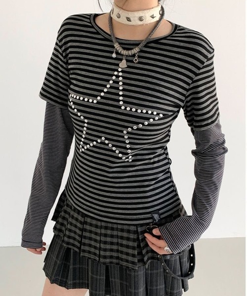 CANVAS+(キャンバスプラス)の「【CANVAS+】スターモチーフボーダーレイヤードトップス(Tシャツ/カットソー・レディース・ブラック・M)」の2枚目の写真