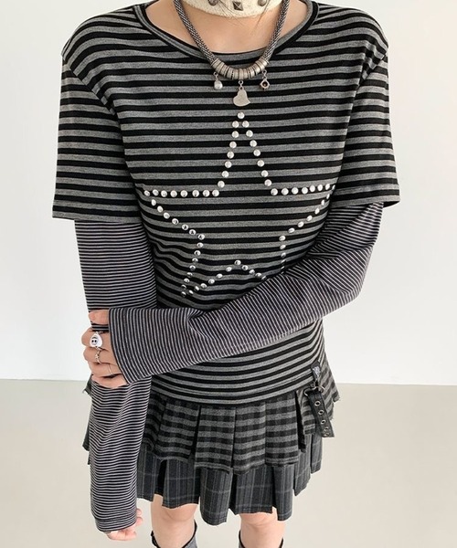 CANVAS+(キャンバスプラス)の「【CANVAS+】スターモチーフボーダーレイヤードトップス(Tシャツ/カットソー・レディース・ブラック・M)」の3枚目の写真