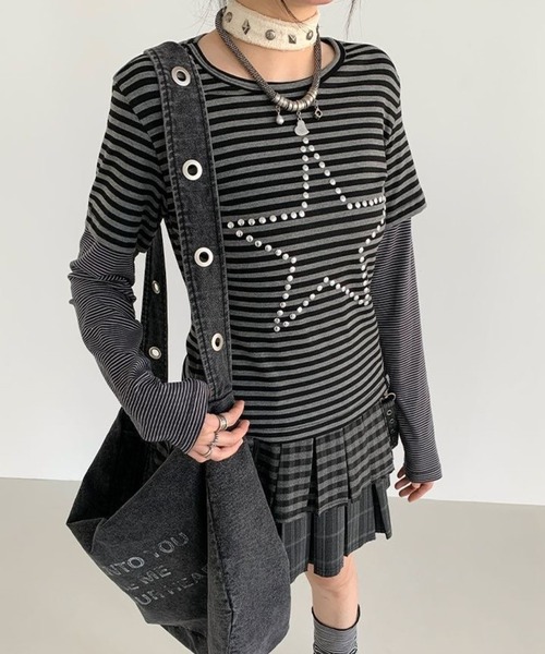 CANVAS+(キャンバスプラス)の「【CANVAS+】スターモチーフボーダーレイヤードトップス(Tシャツ/カットソー・レディース・ブラック・M)」の4枚目の写真