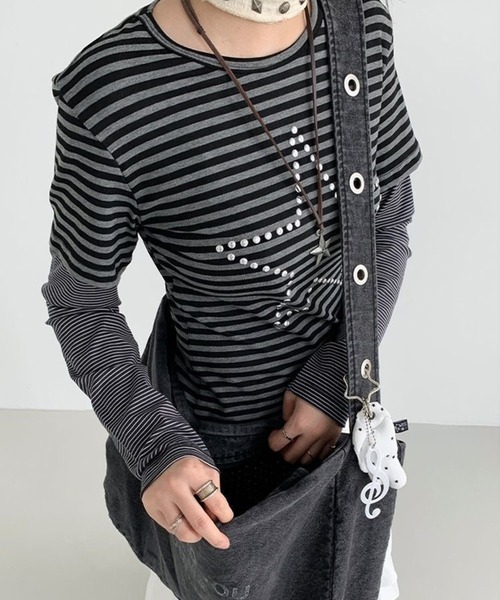 CANVAS+(キャンバスプラス)の「【CANVAS+】スターモチーフボーダーレイヤードトップス(Tシャツ/カットソー・レディース・ブラック・M)」の5枚目の写真