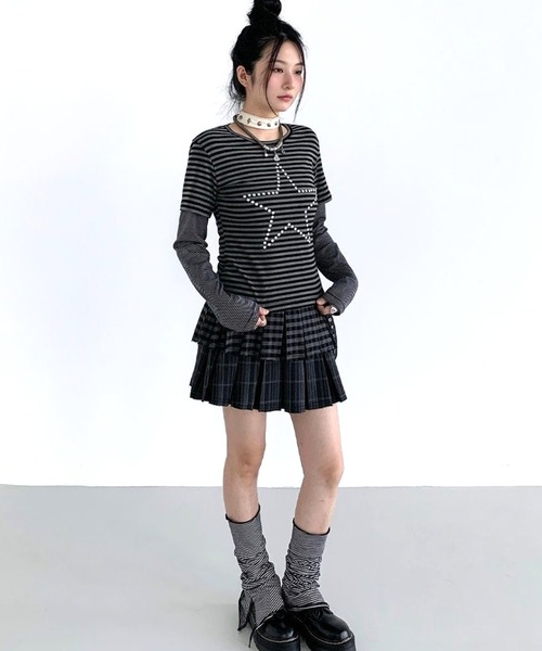 CANVAS+(キャンバスプラス)の「【CANVAS+】スターモチーフボーダーレイヤードトップス(Tシャツ/カットソー・レディース・ブラック・M)」の6枚目の写真