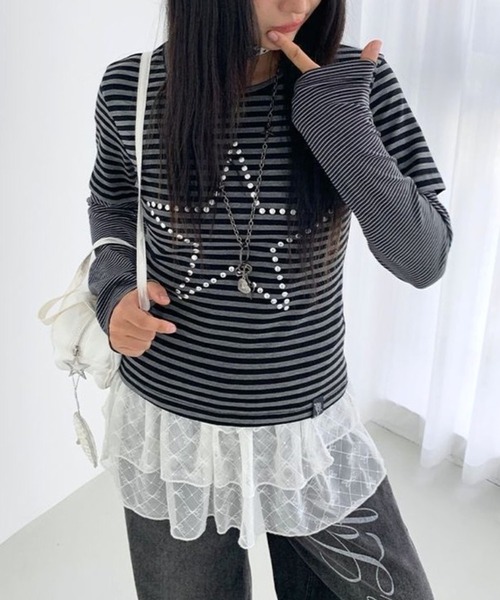 CANVAS+(キャンバスプラス)の「【CANVAS+】スターモチーフボーダーレイヤードトップス(Tシャツ/カットソー・レディース・ブラック・M)」の7枚目の写真