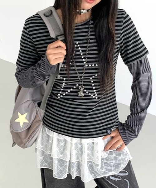 CANVAS+(キャンバスプラス)の「【CANVAS+】スターモチーフボーダーレイヤードトップス(Tシャツ/カットソー・レディース・ブラック・M)」の8枚目の写真