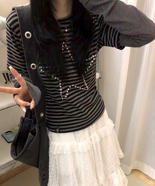 CANVAS+(キャンバスプラス)の「【CANVAS+】スターモチーフボーダーレイヤードトップス(Tシャツ/カットソー・レディース・ブラック・M)」の13枚目の写真
