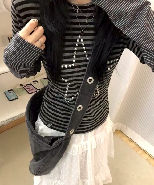 CANVAS+(キャンバスプラス)の「【CANVAS+】スターモチーフボーダーレイヤードトップス(Tシャツ/カットソー・レディース・ブラック・M)」の14枚目の写真
