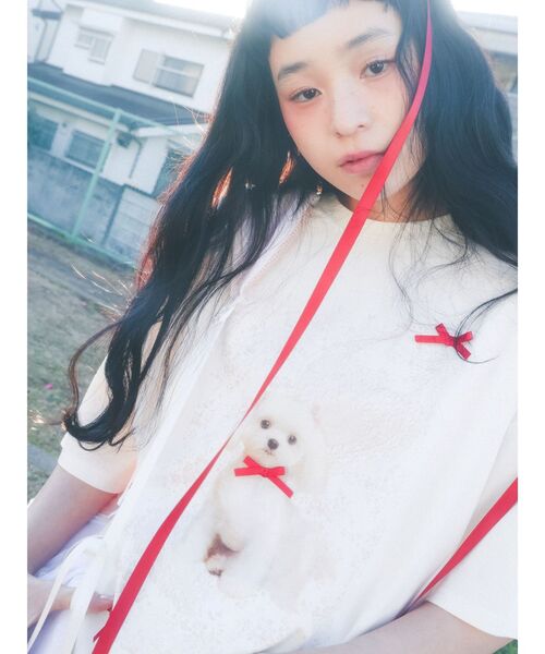 merry jenny(メリージェニー)の「ribbon dog collage tee(Tシャツ/カットソー・レディース・ブルー/オフホワイト/ピンク・FREE)」の1枚目の写真
