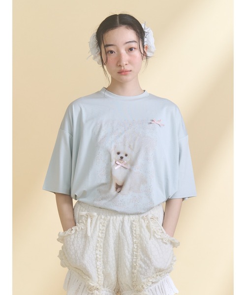 merry jenny(メリージェニー)の「ribbon dog collage tee(Tシャツ/カットソー・レディース・ブルー/オフホワイト/ピンク・FREE)」の2枚目の写真