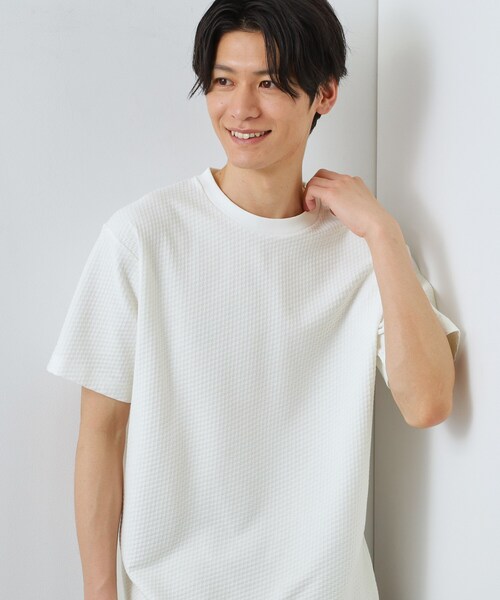 THE SHOP TK (ザ ショップ ティーケー )の「ハニカム リンクス半袖Tシャツ 洗濯機OK(Tシャツ/カットソー・メンズ・オフホワイト/ライトグレー/ネイビー・01/02/04)」の1枚目の写真