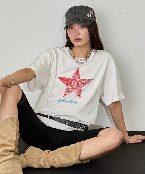 Sourcream（サワークリーム）の「【UNISEX】【Sourcream】ラインストーンスターグラフィックTEE（Tシャツ/カットソー・レディース・ブラック/ネイビー/ホワイト/サックスブルー・SMALL/MEDIUM）」の8枚目の写真