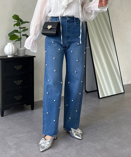 prose verse（プロズヴェール）の「ランダムパールストレートストレッチデニム（デニムパンツ・レディース・ブルー/ブラック・MEDIUM/PL/PM/LARGE）」の4枚目の写真