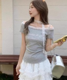 レースチョーカー レタリングプリントオフショルTシャツ