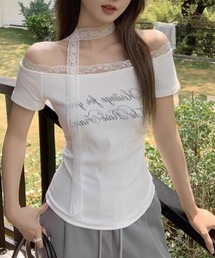 レースチョーカー レタリングプリントオフショルTシャツ