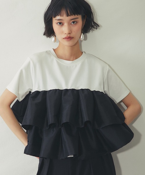 ANOTHER S(アナザーエス)の「天竺ティアードフリルドッキングTシャツ(Tシャツ/カットソー・レディース・オフホワイト/ブラック/ブラウン/ホワイト・FREE)」の17枚目の写真
