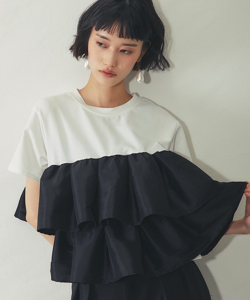 ANOTHER S(アナザーエス)の「天竺ティアードフリルドッキングTシャツ(Tシャツ/カットソー・レディース・オフホワイト/ブラック/ブラウン/ホワイト・FREE)」の19枚目の写真