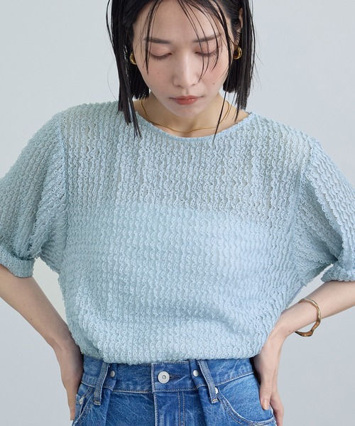 SALON adam et rope'(サロン アダム エ ロペ)の「【WEB限定】ティアードラッセルシアーTシャツ(Tシャツ/カットソー・レディース・サックスブルー/ブラック/ホワイト・FREE)」の3枚目の写真
