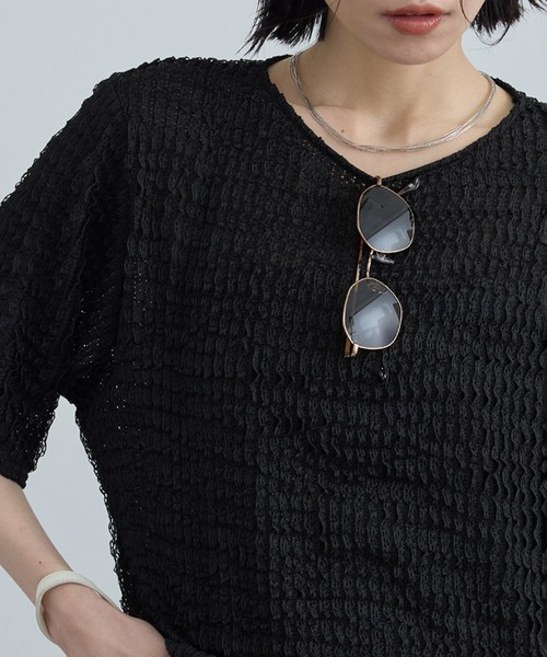 SALON adam et rope'(サロン アダム エ ロペ)の「【WEB限定】ティアードラッセルシアーTシャツ(Tシャツ/カットソー・レディース・サックスブルー/ブラック/ホワイト・FREE)」の4枚目の写真