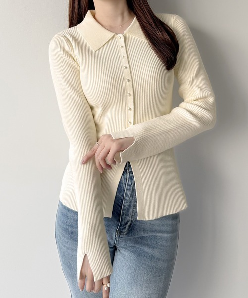 mipiarl（ミピアール）の「リブポロニットトップス（ニット/セーター・レディース・チャコール/ブラック/アイボリー・MEDIUM/LARGE）」の2枚目の写真