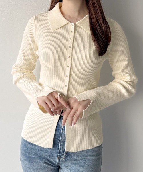 mipiarl（ミピアール）の「リブポロニットトップス（ニット/セーター・レディース・チャコール/ブラック/アイボリー・MEDIUM/LARGE）」の4枚目の写真