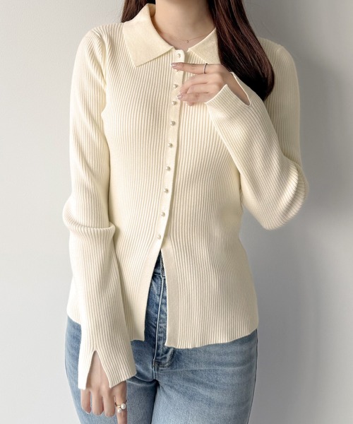 mipiarl（ミピアール）の「リブポロニットトップス（ニット/セーター・レディース・チャコール/ブラック/アイボリー・MEDIUM/LARGE）」の6枚目の写真